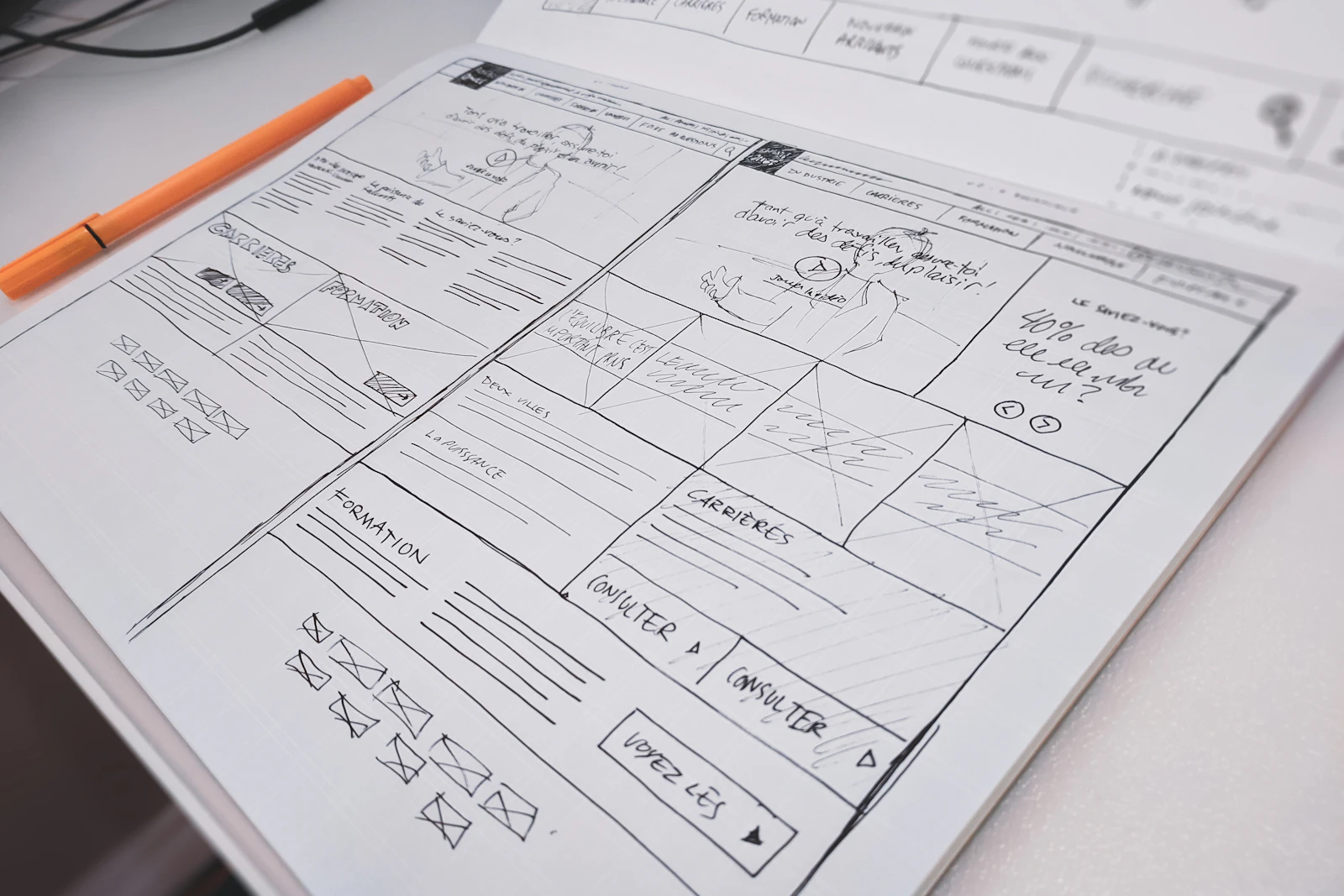 Website layouts sketched on paper before implementation.