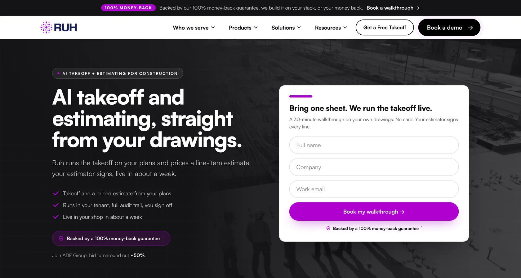 The live Ruh AI takeoff estimator page, the single page that produced 36 enquiries in 90 days