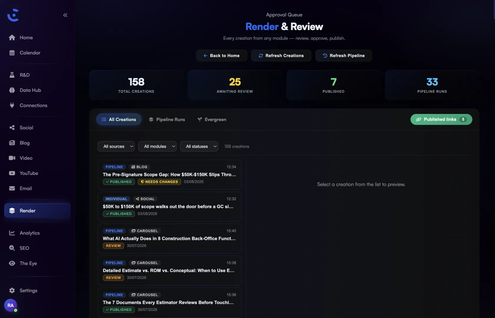 Render and Review: content held for one-click human approval with quality verdicts
